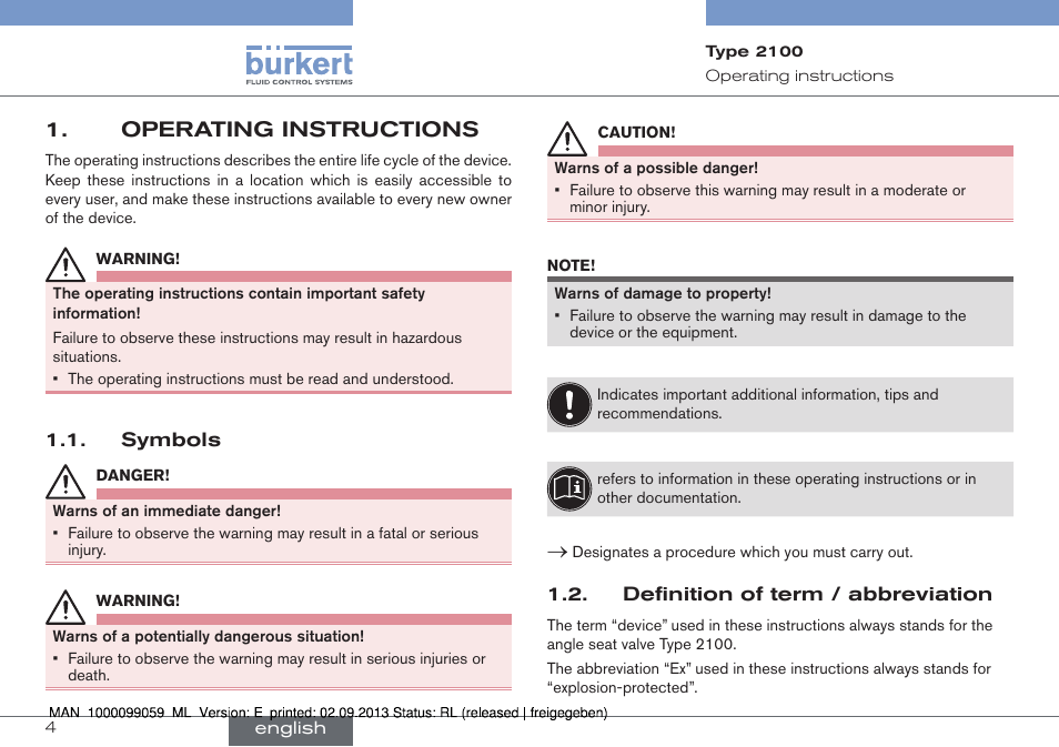 Operating instructions, Symbols 1.2. definition of term / abbreviation | Burkert Type 2100 User Manual | Page 4 / 101