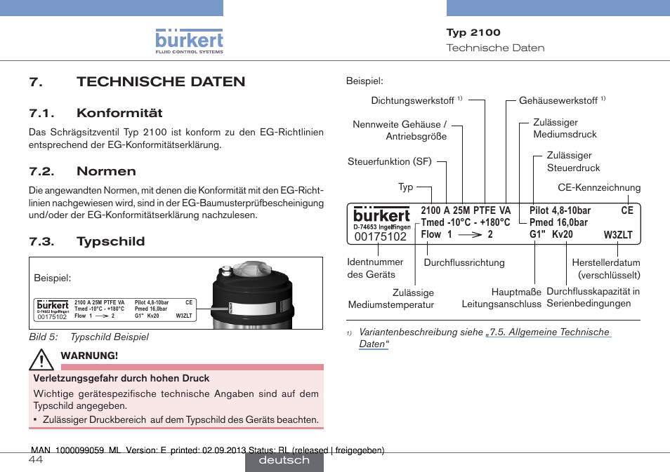 Technische daten, Konformität 7.2. normen, Typschild | Konformität, Normen | Burkert Type 2100 User Manual | Page 44 / 101