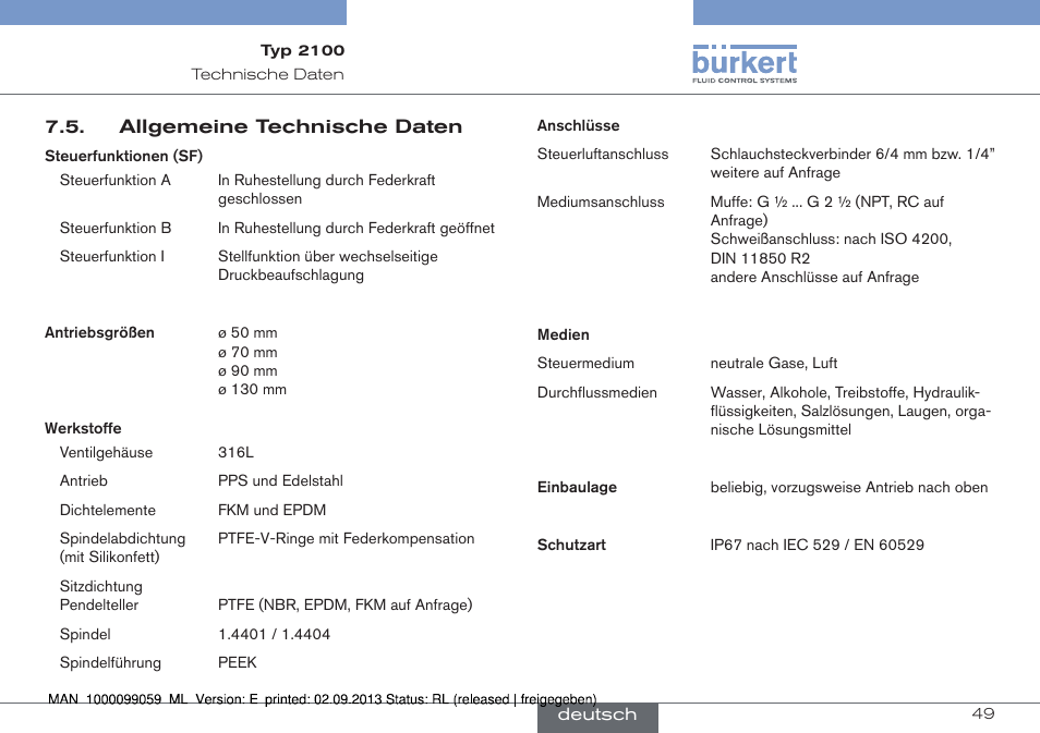 Allgemeine technische daten | Burkert Type 2100 User Manual | Page 49 / 101