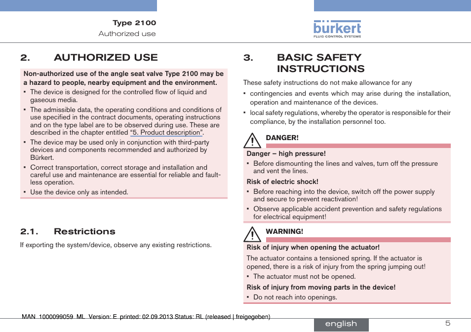 Authorized use, Restrictions, Basic safety instructions | Burkert Type 2100 User Manual | Page 5 / 101