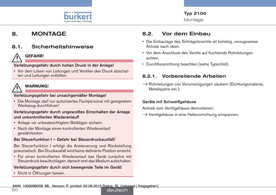 Montage, Sicherheitshinweise 8.2. vor dem einbau | Burkert Type 2100 User Manual | Page 50 / 101