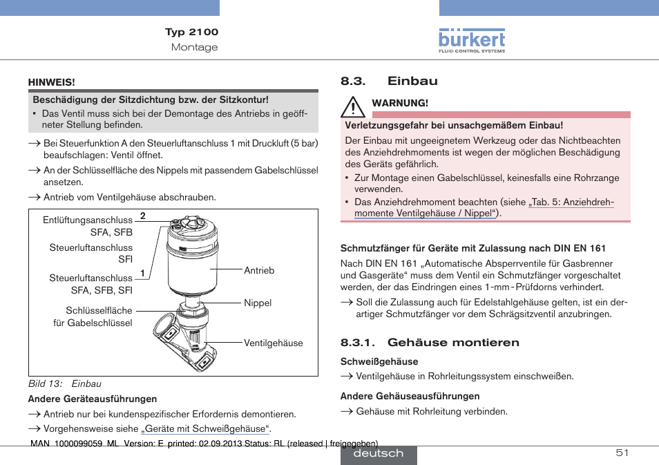 Einbau | Burkert Type 2100 User Manual | Page 51 / 101