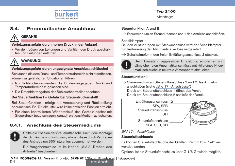 Pneumatischer anschluss | Burkert Type 2100 User Manual | Page 54 / 101