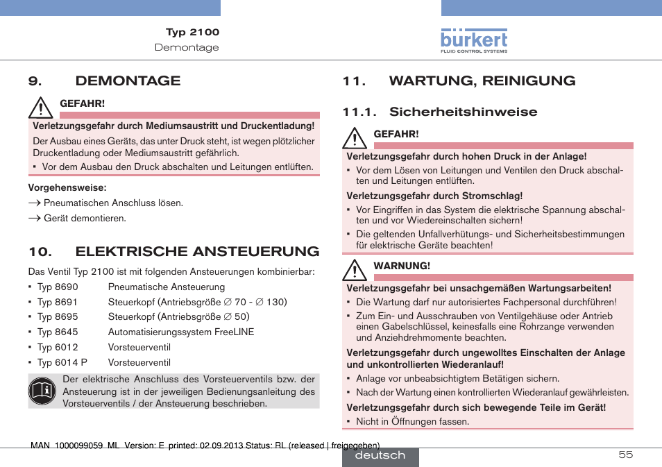 Demontage, Elektrische ansteuerung, Wartung, reinigung | Sicherheitshinweise | Burkert Type 2100 User Manual | Page 55 / 101