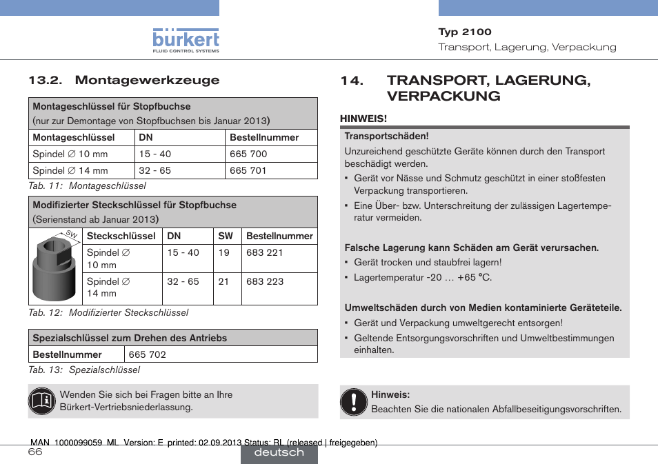 Montagewerkzeuge, Transport, lagerung, verpackung | Burkert Type 2100 User Manual | Page 66 / 101