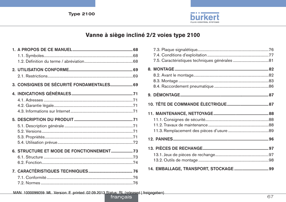 Francais | Burkert Type 2100 User Manual | Page 67 / 101