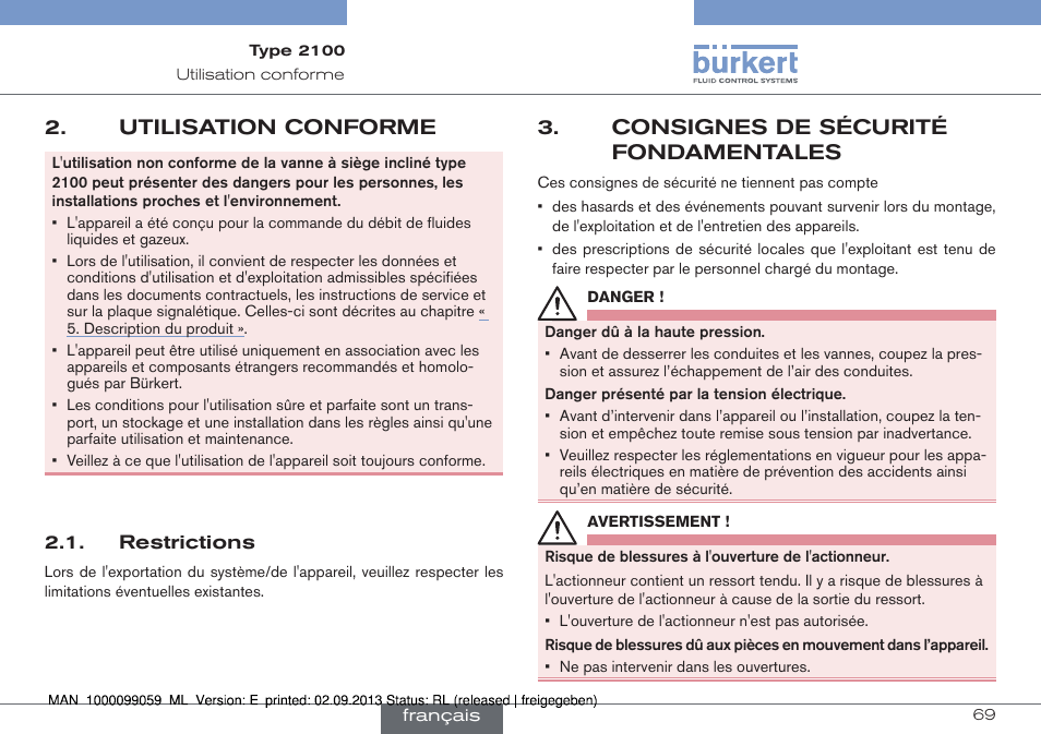 Utilisation conforme, Restrictions, Consignes de sécurité fondamentales | Burkert Type 2100 User Manual | Page 69 / 101