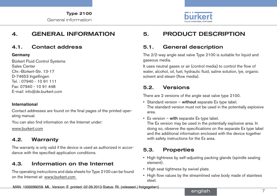 General information, Product description, General description 5.2. versions 5.3. properties | Burkert Type 2100 User Manual | Page 7 / 101