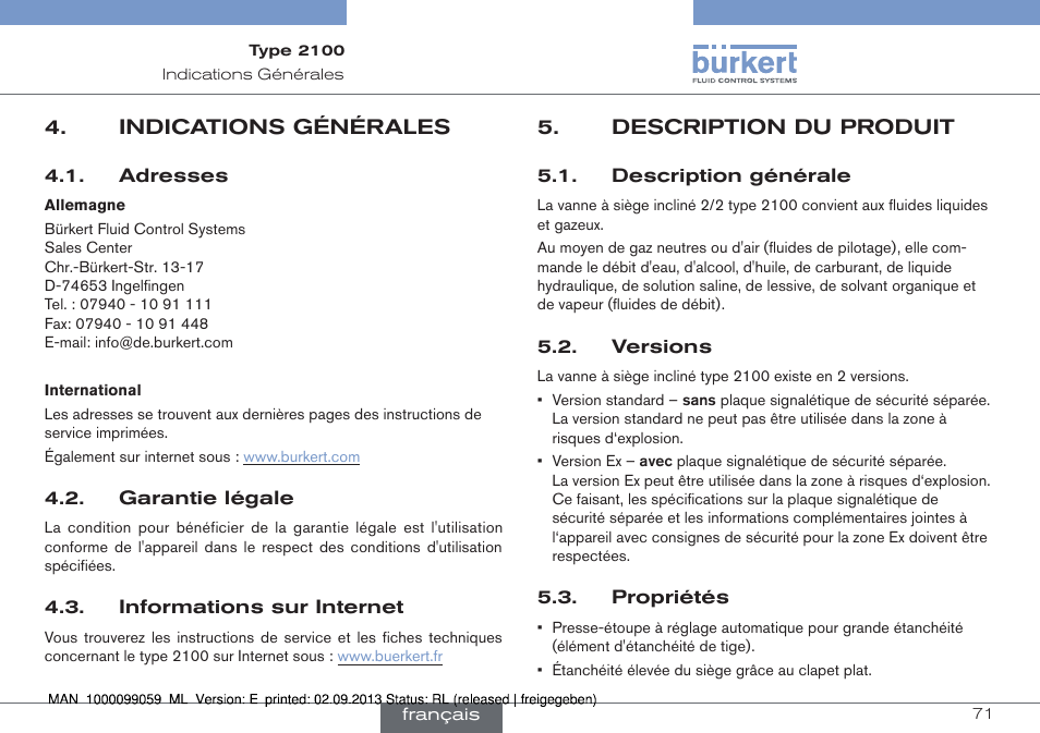 Indications générales, Description du produit, Description générale 5.2. versions 5.3. propriétés | Burkert Type 2100 User Manual | Page 71 / 101