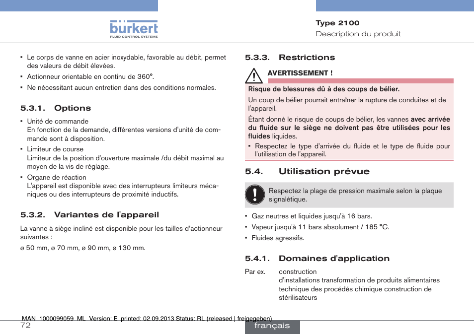 Utilisation prévue | Burkert Type 2100 User Manual | Page 72 / 101