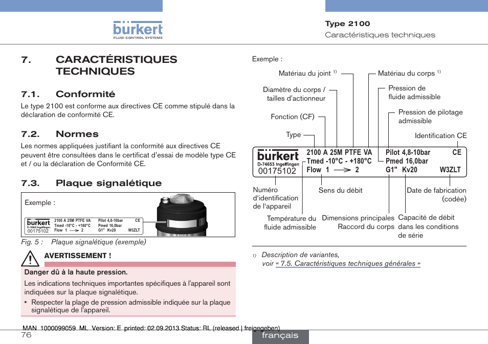 Caractéristiques techniques, Conformité 7.2. normes, Plaque signalétique | Conformité, Normes | Burkert Type 2100 User Manual | Page 76 / 101