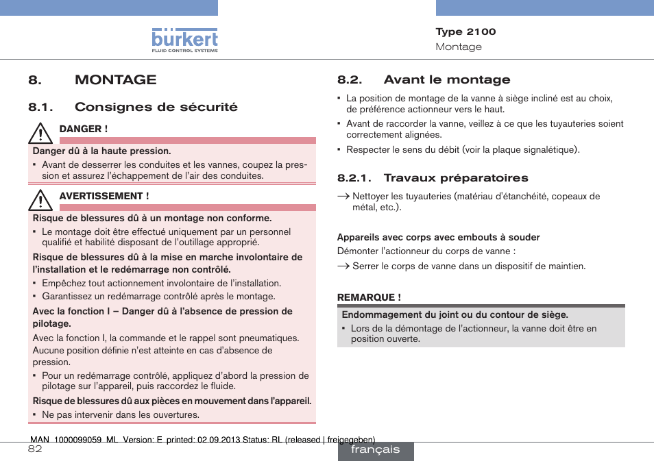 Montage, Avant le montage | Burkert Type 2100 User Manual | Page 82 / 101