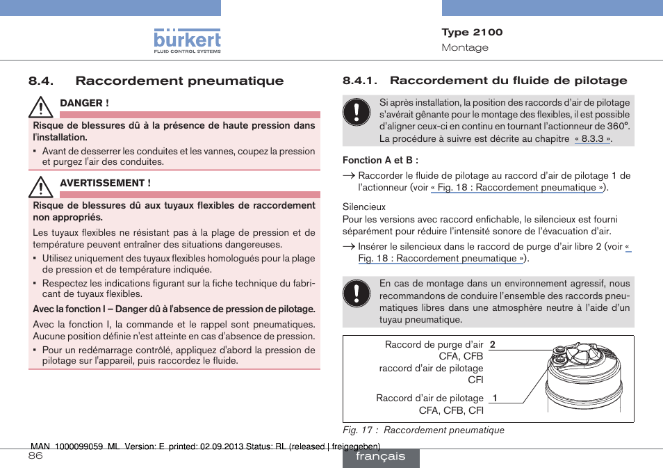 Raccordement pneumatique | Burkert Type 2100 User Manual | Page 86 / 101