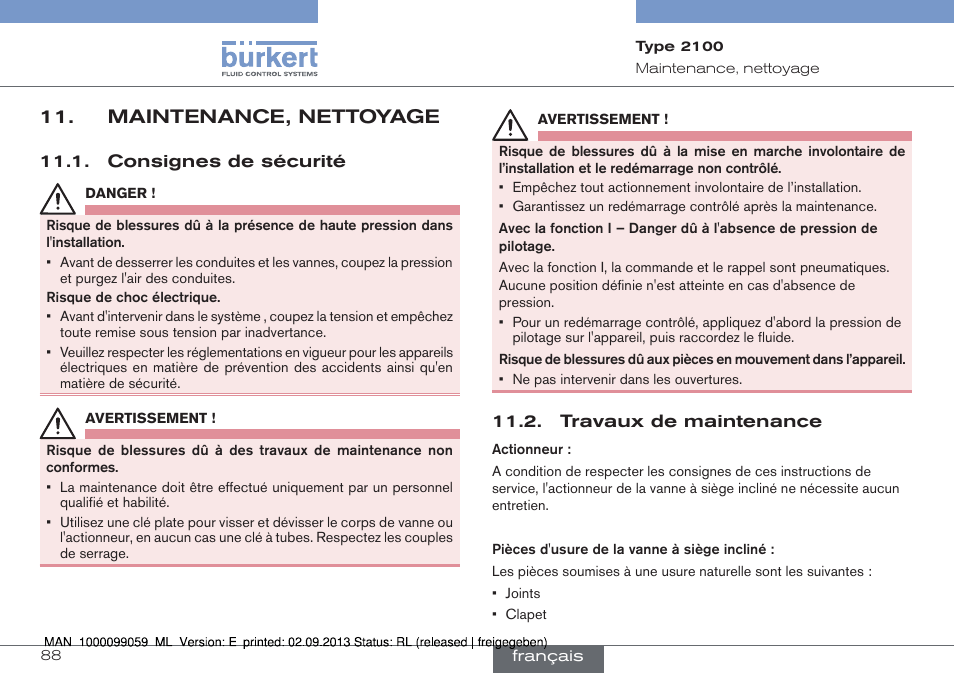 Maintenance, nettoyage, Consignes de sécurité 11.2. travaux de maintenance | Burkert Type 2100 User Manual | Page 88 / 101