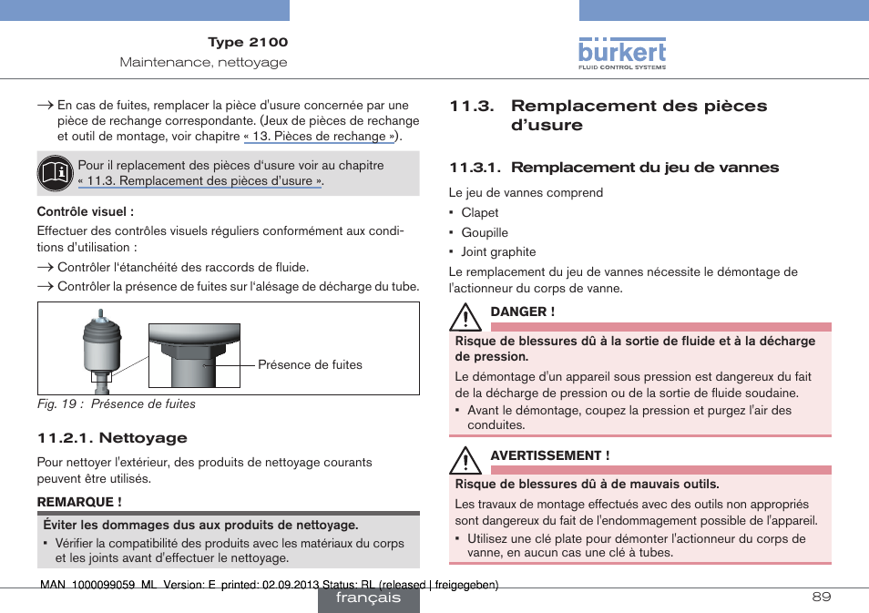 Remplacement des pièces d’usure | Burkert Type 2100 User Manual | Page 89 / 101