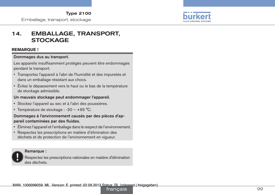 Emballage, transport, stockage | Burkert Type 2100 User Manual | Page 99 / 101