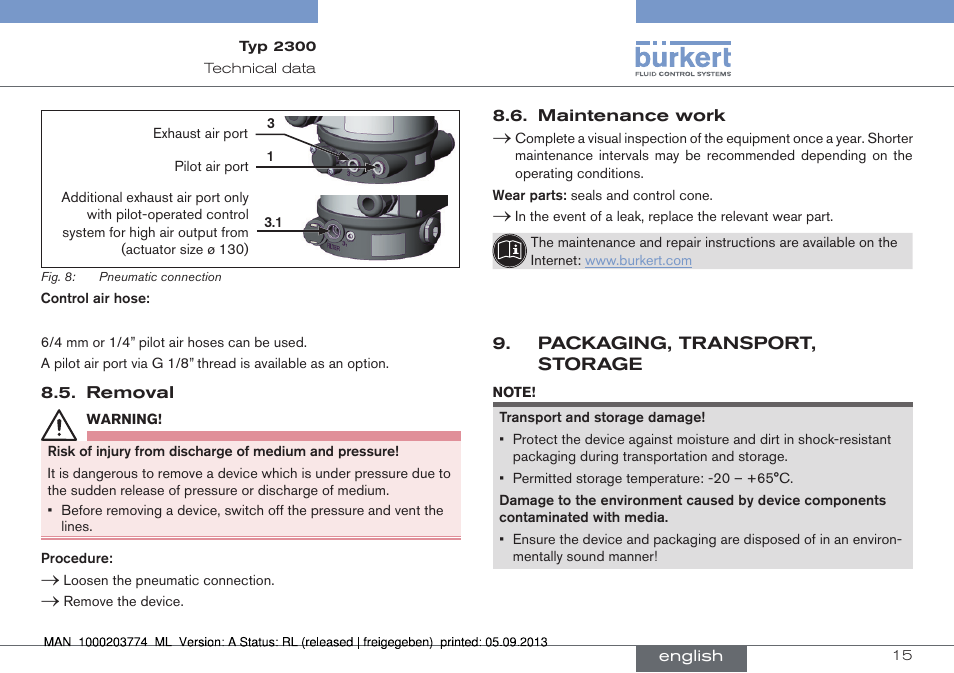 Packaging, transport, storage | Burkert Type 2300 User Manual | Page 15 / 46