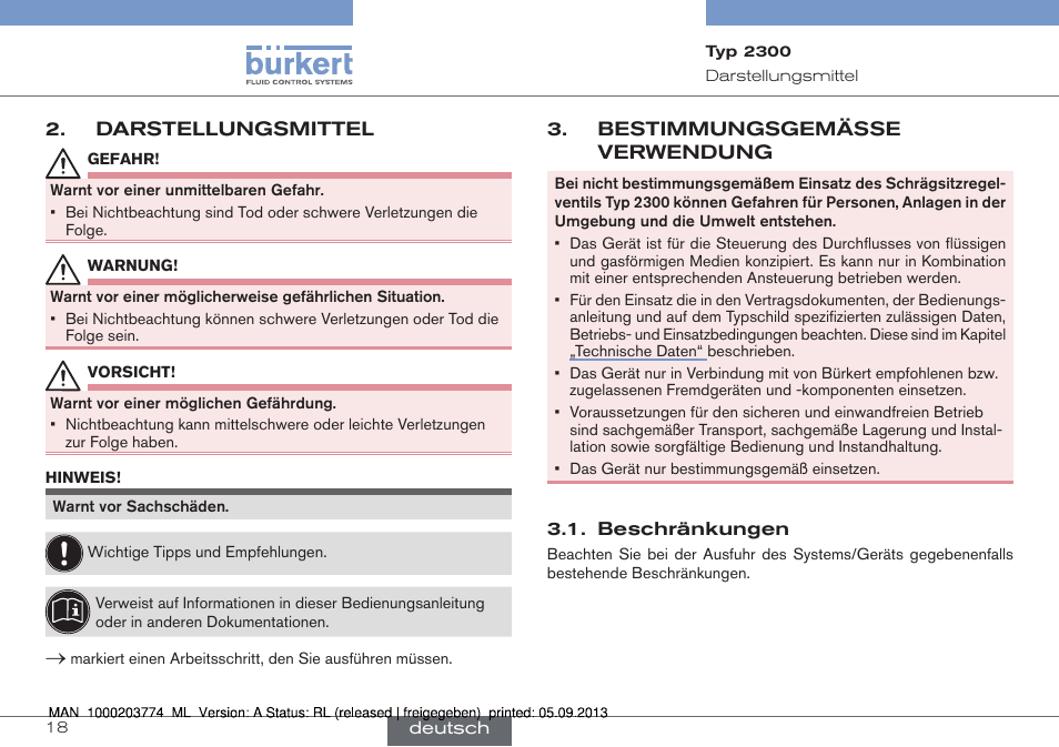 Darstellungsmittel, Bestimmungsgemässe verwendung, Bestim- mungsgemäße verwendung | Burkert Type 2300 User Manual | Page 18 / 46