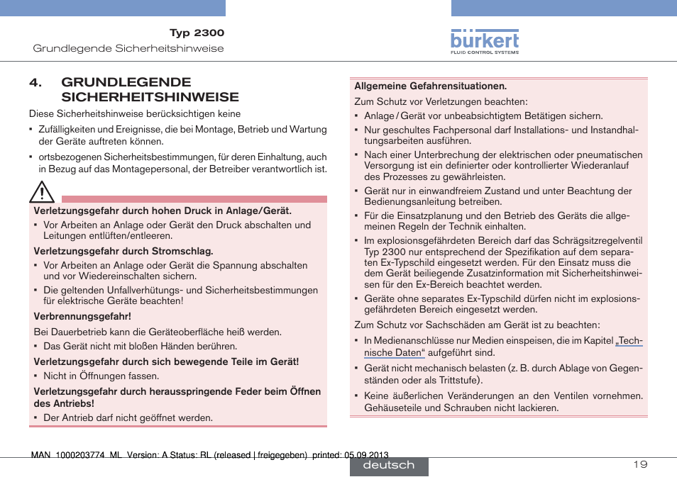 Grundlegende sicherheitshinweise, Grundlegende sicherheitshinweise“ und | Burkert Type 2300 User Manual | Page 19 / 46