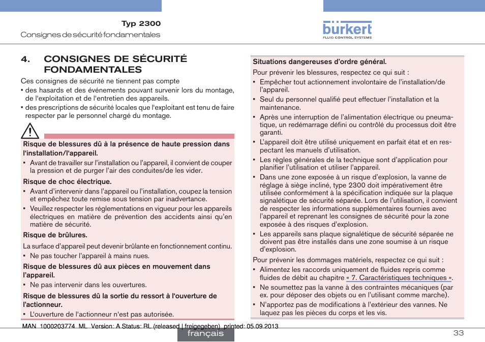 Consignes de sécurité fondamentales | Burkert Type 2300 User Manual | Page 33 / 46