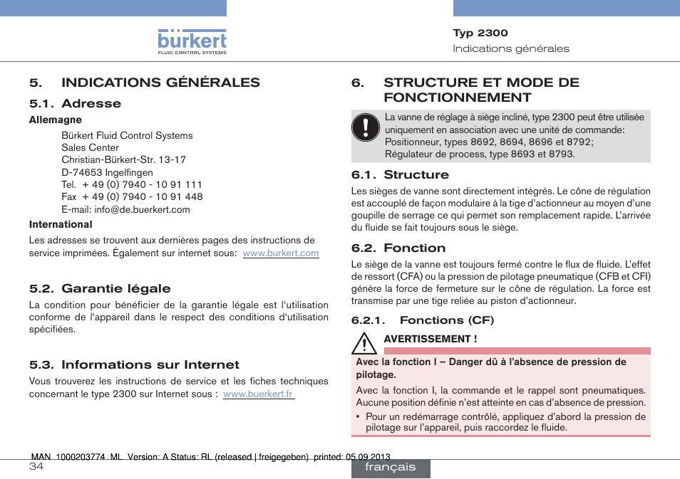 Indications générales, Structure et mode de fonctionnement | Burkert Type 2300 User Manual | Page 34 / 46