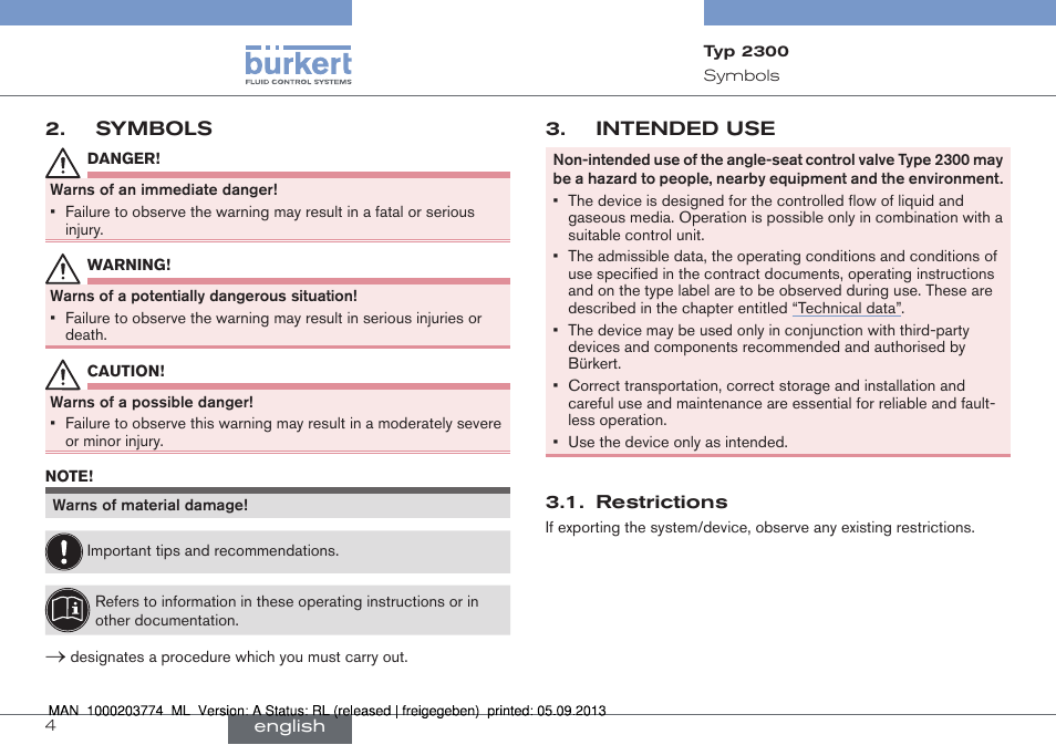 Symbols, Intended use | Burkert Type 2300 User Manual | Page 4 / 46