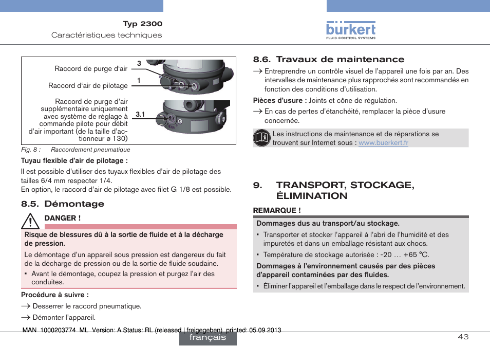 Transport, stockage, élimination | Burkert Type 2300 User Manual | Page 43 / 46