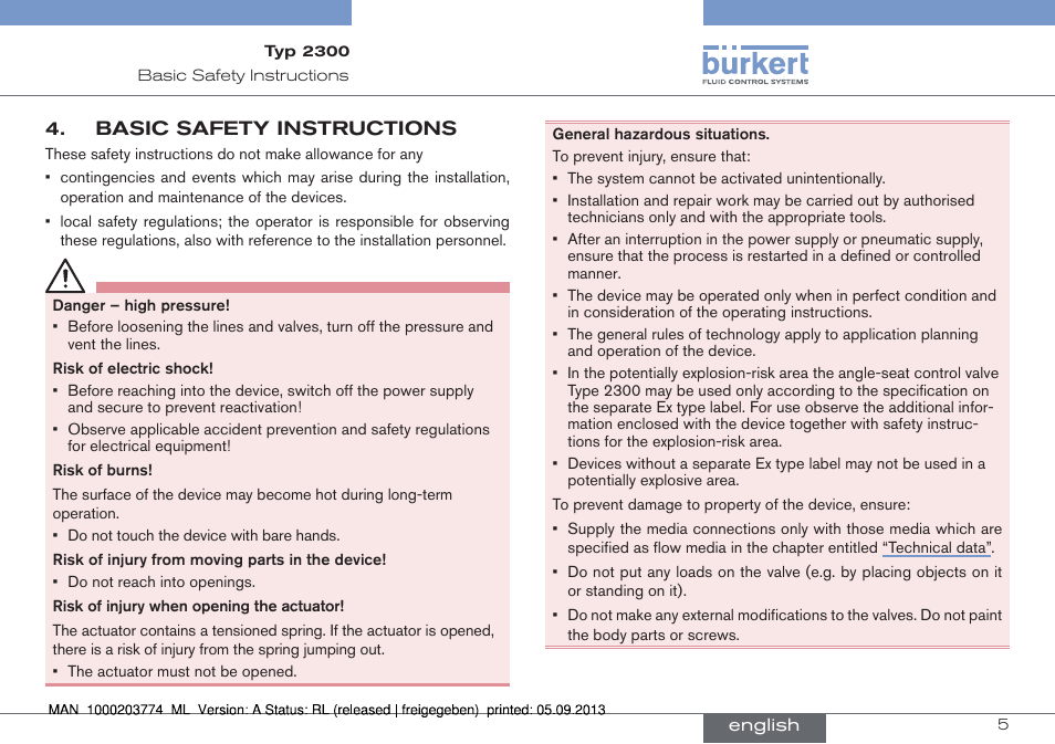 Basic safety instructions | Burkert Type 2300 User Manual | Page 5 / 46