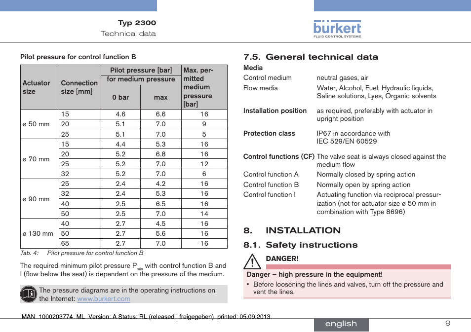 Installation | Burkert Type 2300 User Manual | Page 9 / 46