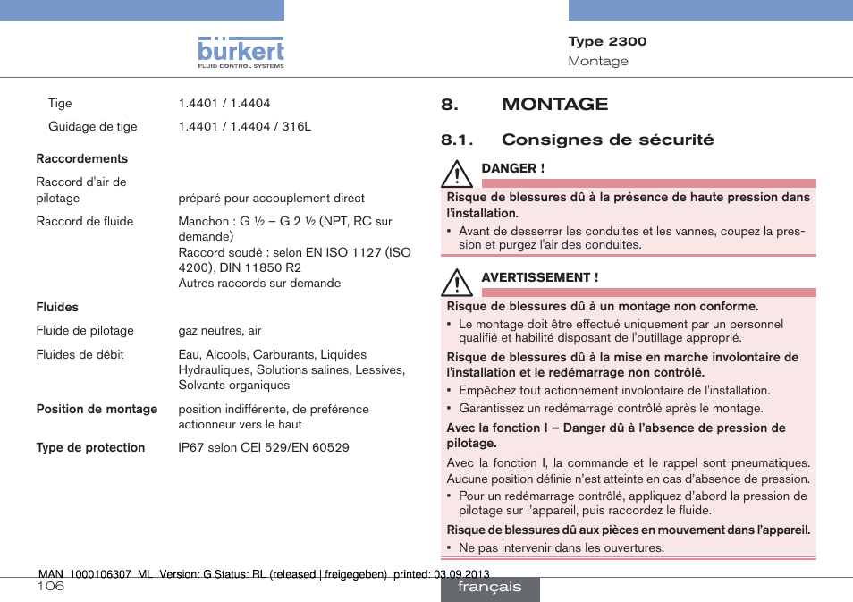 Montage, Consignes de sécurité | Burkert Type 2300 User Manual | Page 106 / 130