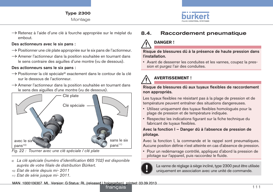 Raccordement pneumatique | Burkert Type 2300 User Manual | Page 111 / 130