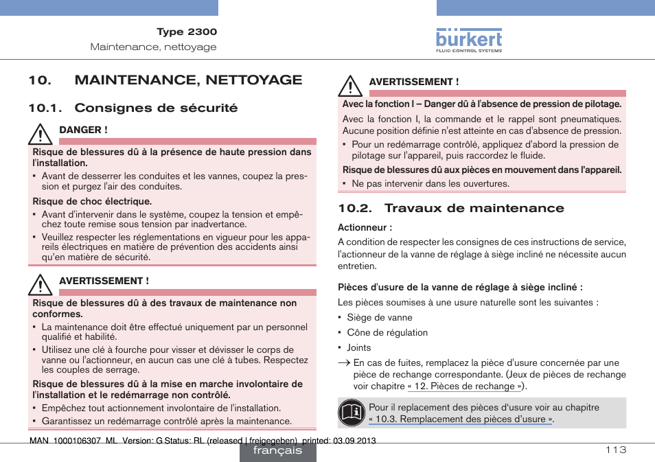 Maintenance, nettoyage, Consignes de sécurité 10.2. travaux de maintenance | Burkert Type 2300 User Manual | Page 113 / 130