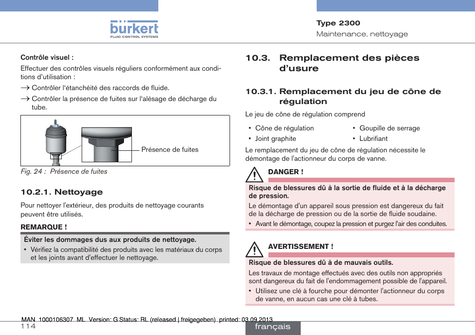 Remplacement des pièces d’usure | Burkert Type 2300 User Manual | Page 114 / 130