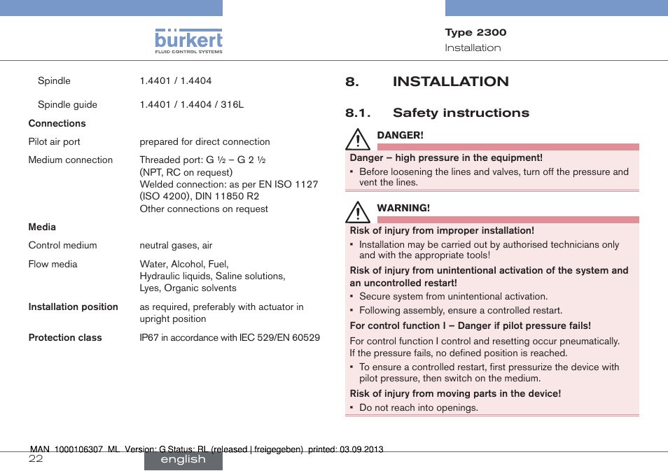 Installation, Safety instructions | Burkert Type 2300 User Manual | Page 22 / 130