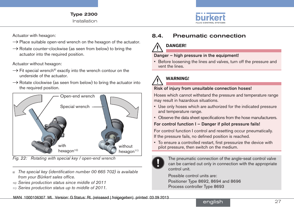 Pneumatic connection | Burkert Type 2300 User Manual | Page 27 / 130