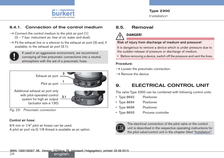 Removal, Electrical control unit | Burkert Type 2300 User Manual | Page 28 / 130