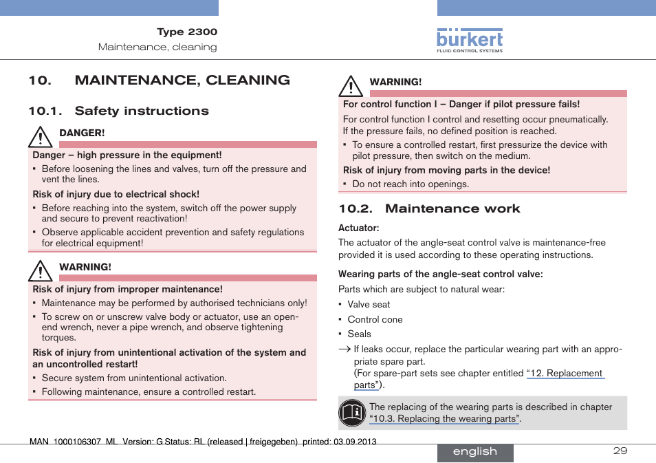 Maintenance, cleaning, Safety instructions 10.2. maintenance work | Burkert Type 2300 User Manual | Page 29 / 130