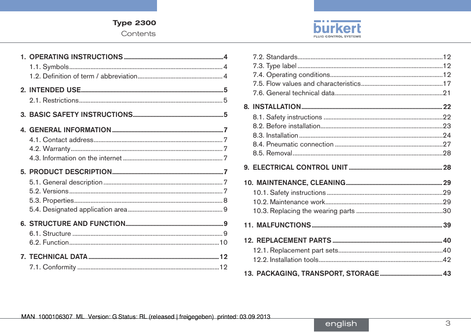 English | Burkert Type 2300 User Manual | Page 3 / 130