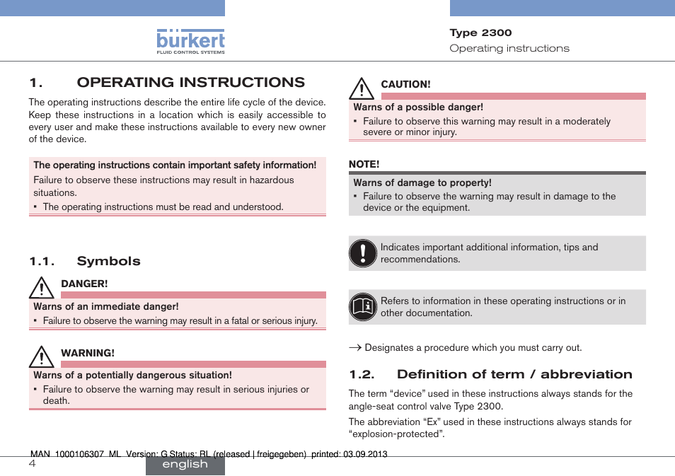 Operating instructions, Symbols 1.2. definition of term / abbreviation | Burkert Type 2300 User Manual | Page 4 / 130