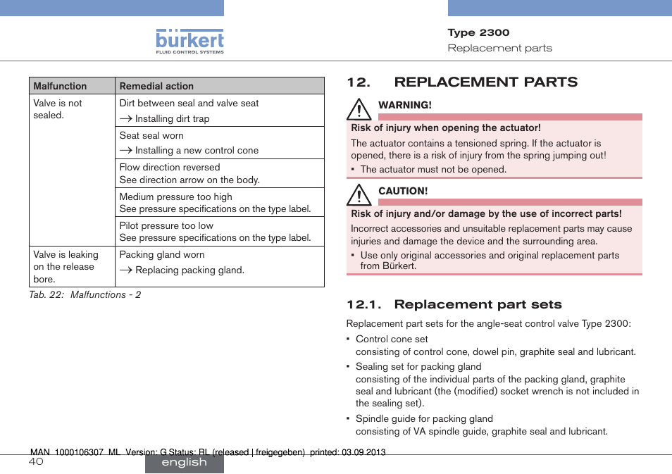 Replacement parts, Replacement part sets | Burkert Type 2300 User Manual | Page 40 / 130