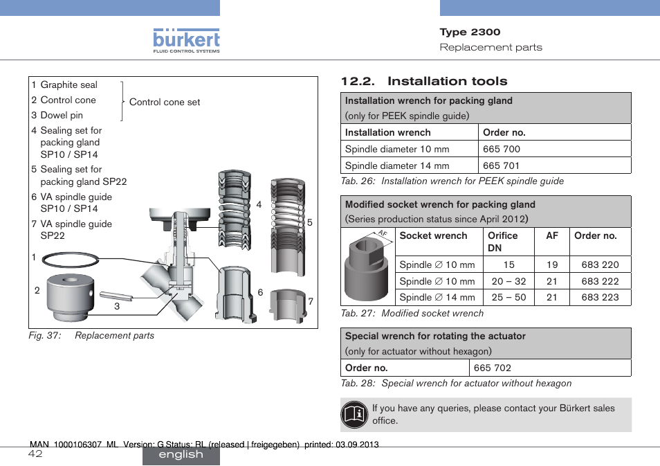 Installation tools | Burkert Type 2300 User Manual | Page 42 / 130