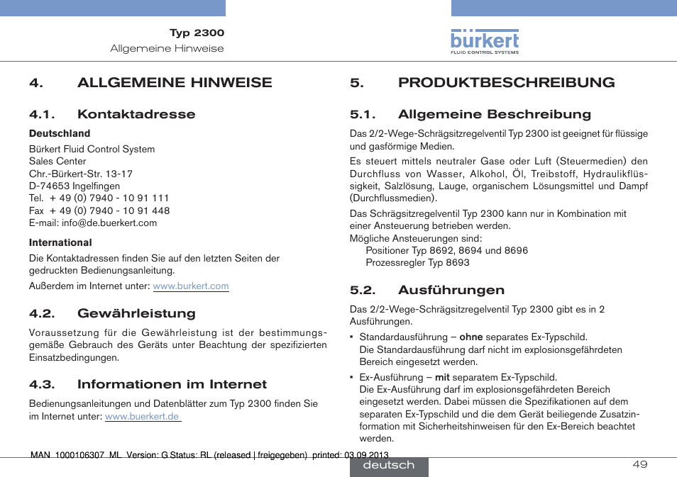 Allgemeine hinweise, Produktbeschreibung, Allgemeine beschreibung 5.2. ausführungen | Burkert Type 2300 User Manual | Page 49 / 130