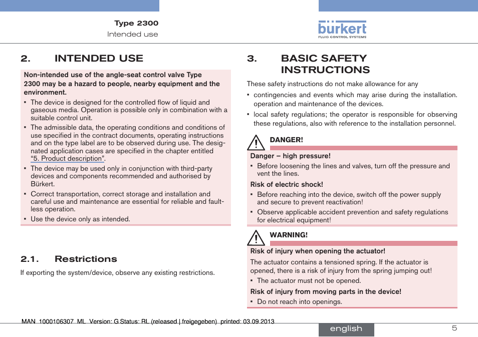 Intended use, Restrictions, Basic safety instructions | Burkert Type 2300 User Manual | Page 5 / 130