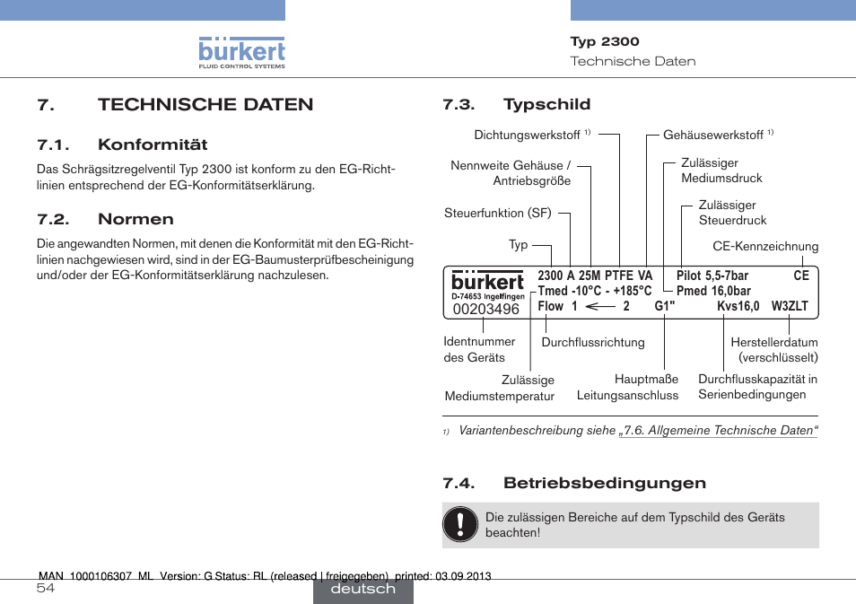 Technische daten, Konformität 7.2. normen, Typschild 7.4. betriebsbedingungen | Burkert Type 2300 User Manual | Page 54 / 130