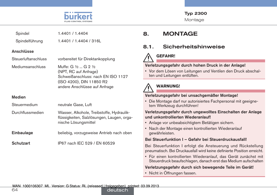 Montage, Sicherheitshinweise | Burkert Type 2300 User Manual | Page 64 / 130