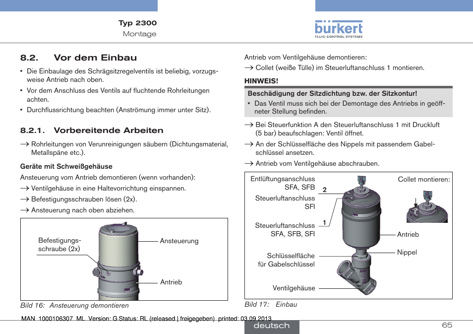 Vor dem einbau | Burkert Type 2300 User Manual | Page 65 / 130