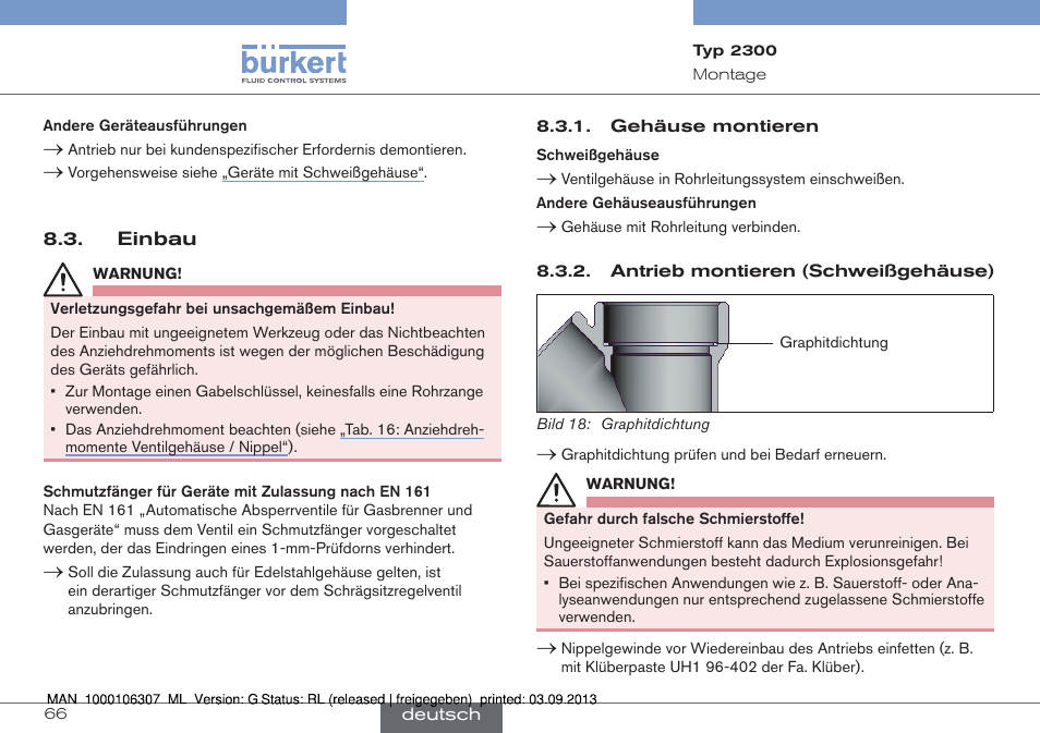 Einbau | Burkert Type 2300 User Manual | Page 66 / 130