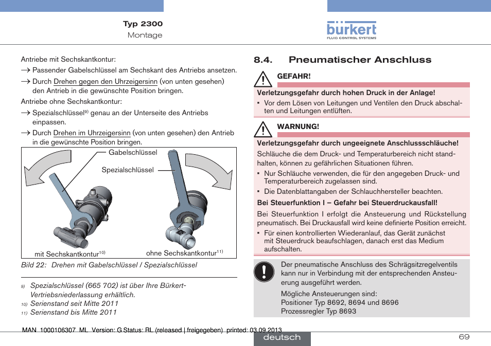 Pneumatischer anschluss | Burkert Type 2300 User Manual | Page 69 / 130