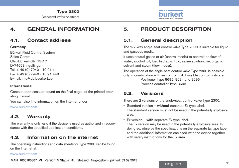 General information, Product description, General description 5.2. versions | Burkert Type 2300 User Manual | Page 7 / 130