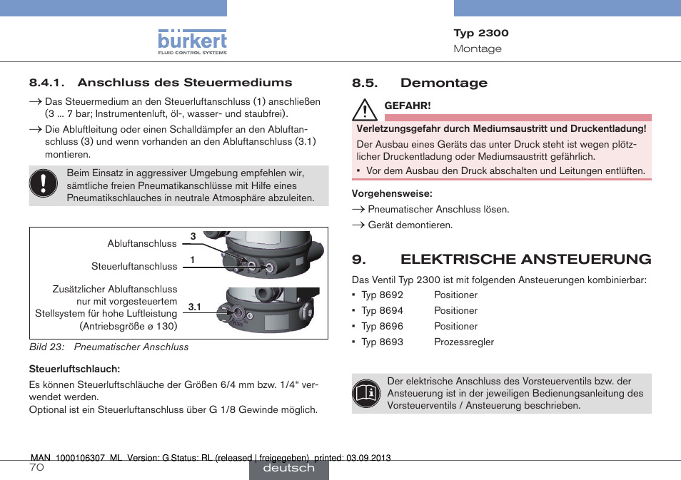 Demontage, Elektrische ansteuerung | Burkert Type 2300 User Manual | Page 70 / 130